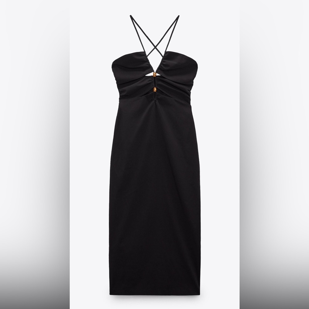 Black Halter-Style Ruched Midi Dress